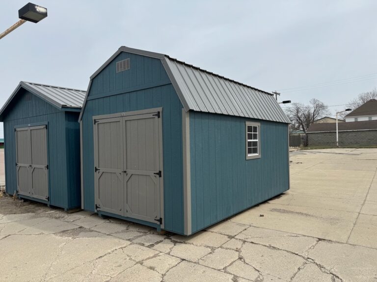 Sheds for Sale in Ames, IA 8 10x16 High Barn Shed with seaworthy painted siding, gauntlet gray trim, and charcoal gray steel metal roofing for sale near Ames, IA