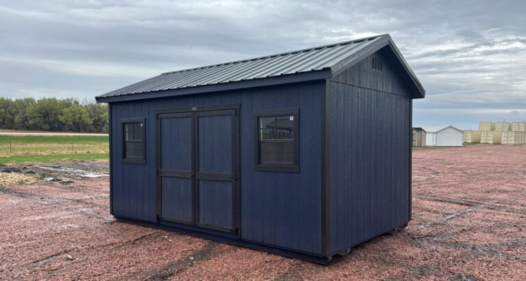 10x16 Ranch shed with Anchors Away dark blue painted siding, and black trim and black steel metal roofing for sale near Minneapolis, MN