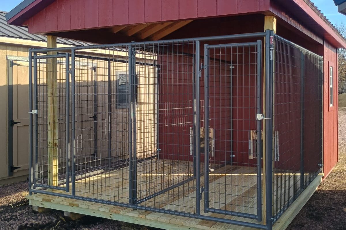 10x16 Rookwood red dog kennel with a double run, white windows, and a Burnished slate metal roof available for custom order to brandon, SD