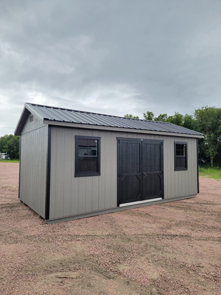 10x20 Ranch shed with Gauntlet Gray painted siding, black trim, and black steel metal roofing for sale near Vermillion, SD