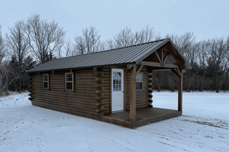 One of our brown log 12x30 sheds - on snow-covered ground beneath cloudy sky - leafless trees in background