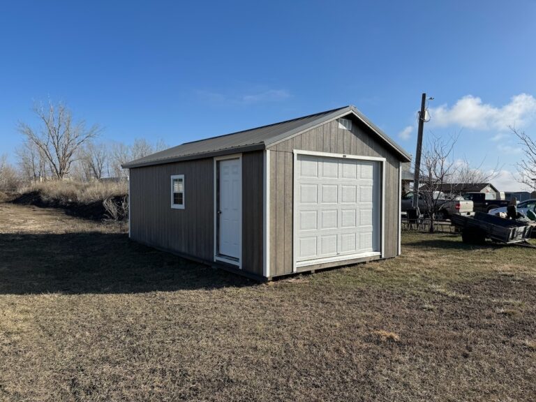 14x24 Garage Shed with Driftwood painted urethane siding, white trim, and Charcoal Gray steel metal roofing for sale near Vermillion, SD