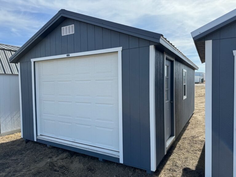 14x24 Garage Shed with Gibralter blue painted siding, white trim, and gray steel metal roof for sale near Minneapolis, MN