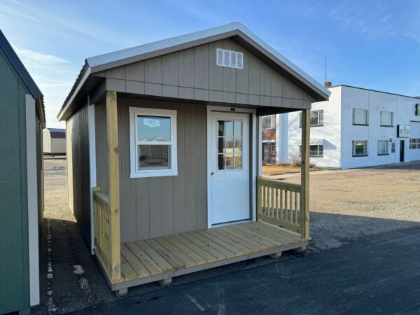 Taupe Ranch shed with end porch in shed lot