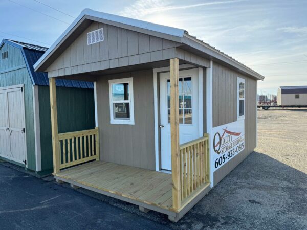 Taupe Ranch shed with end porch in shed lot