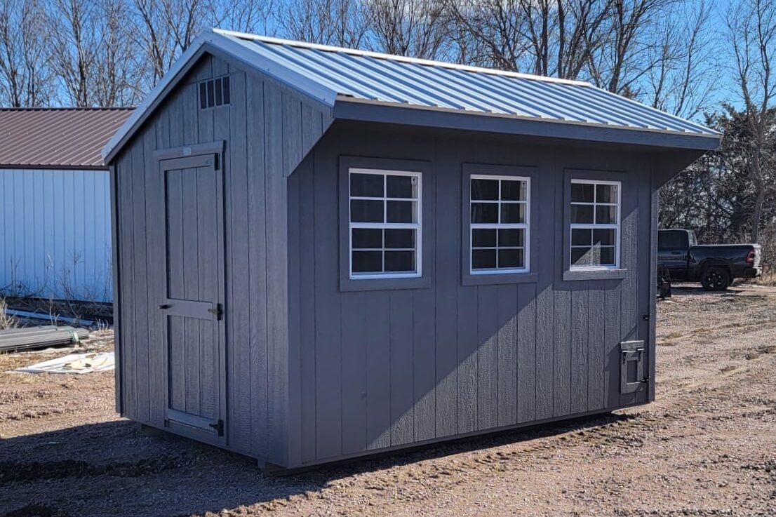 8x12 Gibraltar Gray chicken coop with matching trim and a Galvalume steel metal roof for custom order and delivery to Miller SD edited