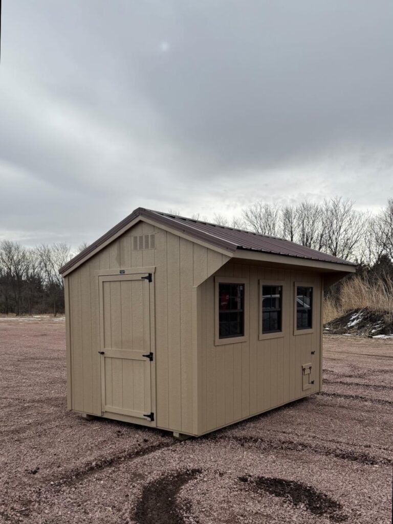 8x12 Tan Chicken Coop with a brown steel metal roof for sale near Minneapolis, MN