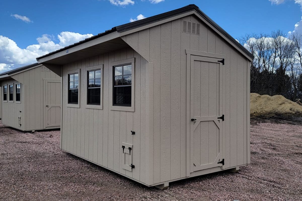 8x12 light clay wooden sided Chicken coop with a burnished slate steel metal roof available for custom order and delivery to Redfield, SD